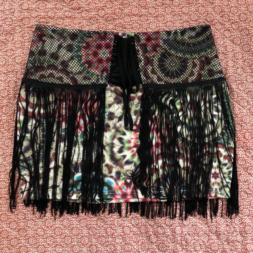 Lulumari Tie-Dye Fringe Mini Skirt